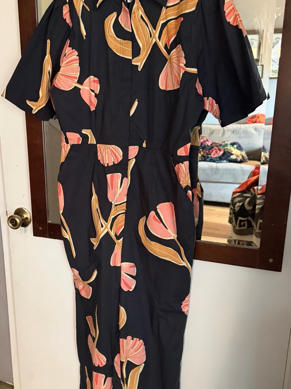 Bel Kazan Black Jumpsuit with Coral and Mustard Floral Print